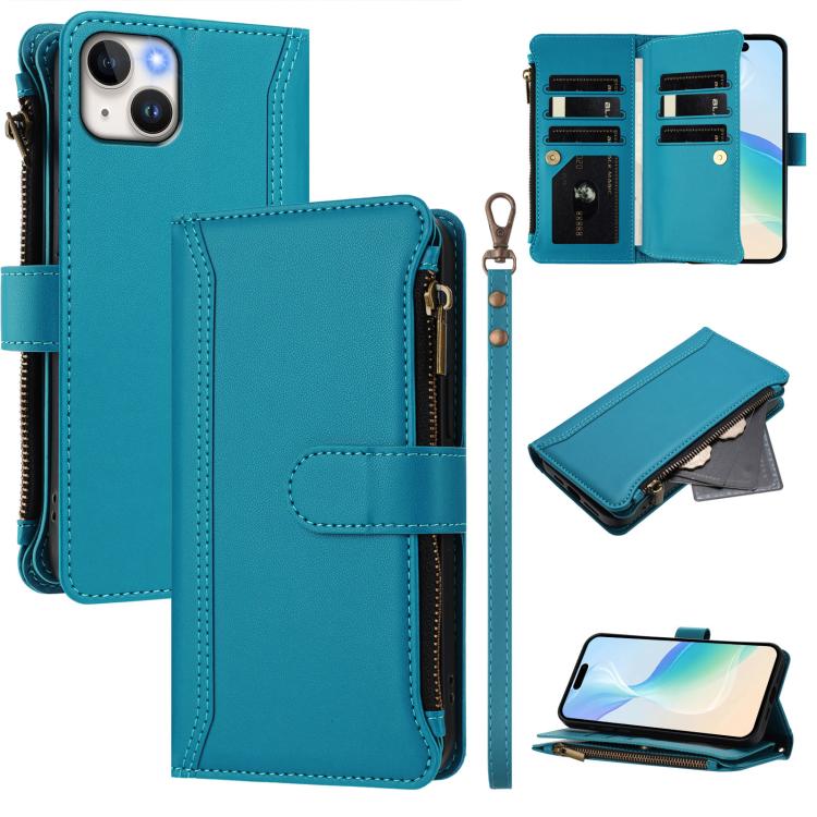 Magnetic Closure 9 Card Slots Zipper Leather Case with Hand Strap, For iPhone 15, For iPhone 14 Plus, For iPhone 14 / 13, For iPhone 14 Pro