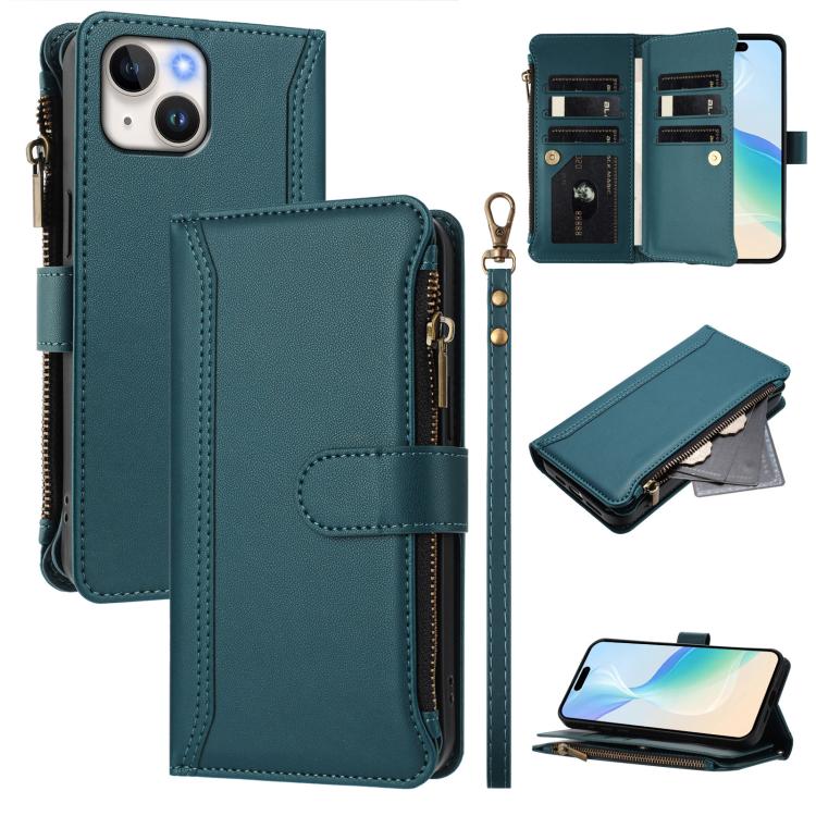 Magnetic Closure 9 Card Slots Zipper Leather Case with Hand Strap, For iPhone 15, For iPhone 14 Plus, For iPhone 14 / 13, For iPhone 14 Pro