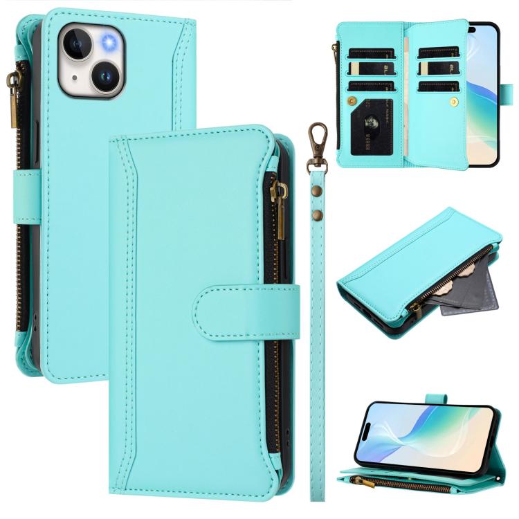 Magnetic Closure 9 Card Slots Zipper Leather Case with Hand Strap, For iPhone 15, For iPhone 14 Plus, For iPhone 14 / 13, For iPhone 14 Pro