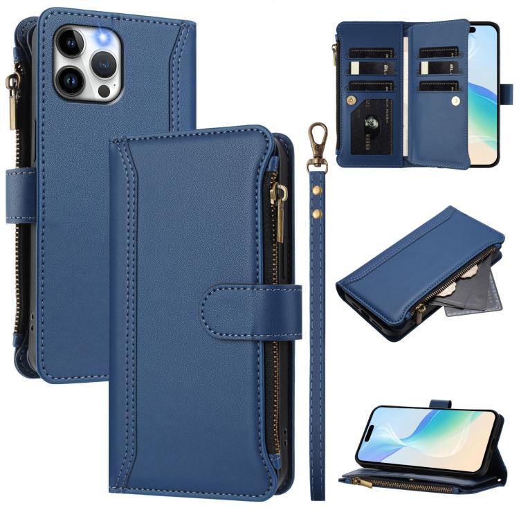 Magnetic Closure 9 Card Slots Zipper Leather Case with Hand Strap, For iPhone 13 mini, For iPhone 12 / 12 Pro, For iPhone 12 Pro Max, For iPhone 12 mini