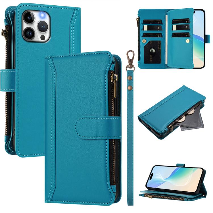 Magnetic Closure 9 Card Slots Zipper Leather Case with Hand Strap, For iPhone 13 mini, For iPhone 12 / 12 Pro, For iPhone 12 Pro Max, For iPhone 12 mini
