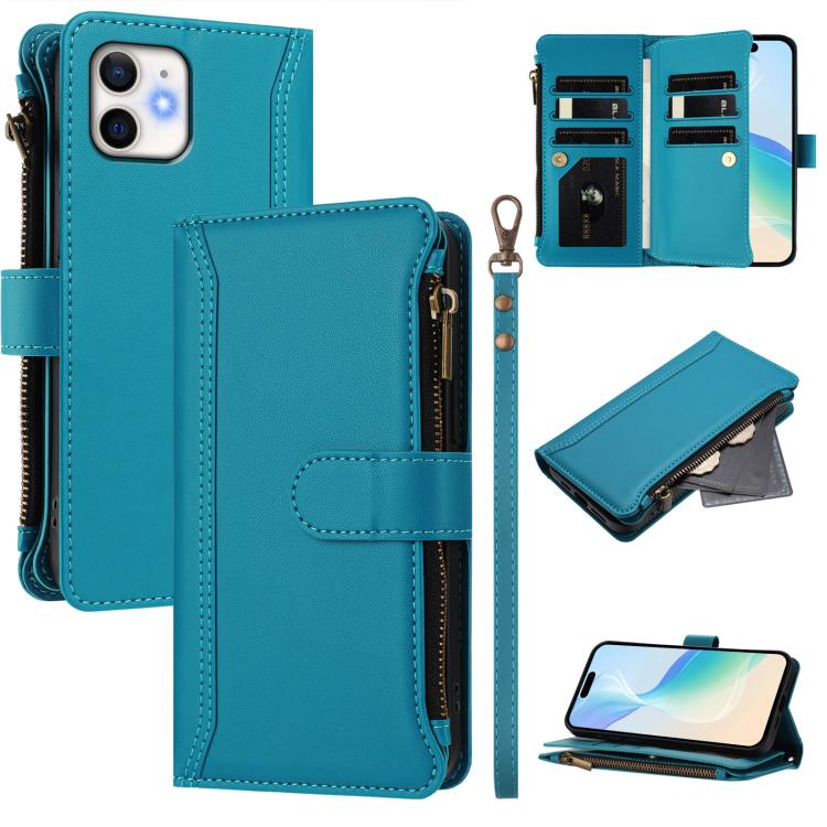 Magnetic Closure 9 Card Slots Zipper Leather Case with Hand Strap, For iPhone 13 mini, For iPhone 12 / 12 Pro, For iPhone 12 Pro Max, For iPhone 12 mini