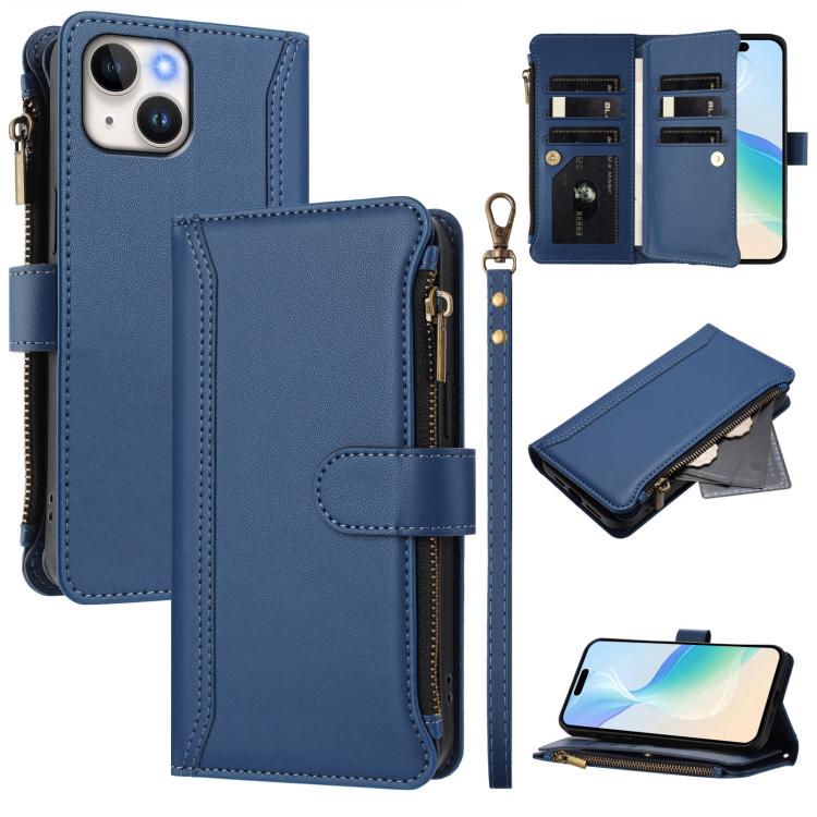 Magnetic Closure 9 Card Slots Zipper Leather Case with Hand Strap, For iPhone 13 mini, For iPhone 12 / 12 Pro, For iPhone 12 Pro Max, For iPhone 12 mini