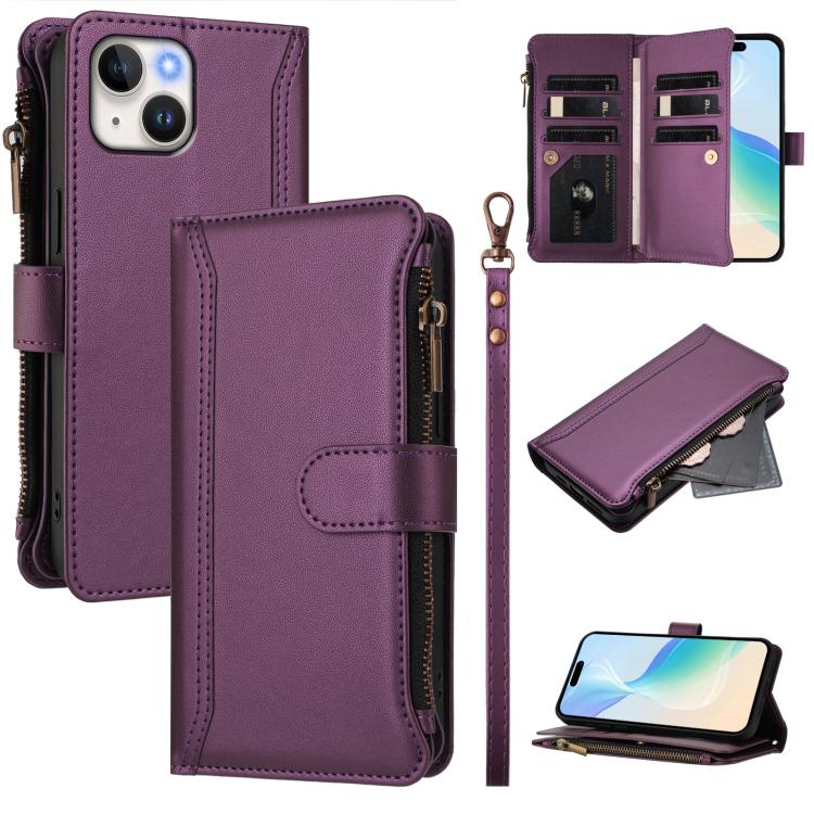 Magnetic Closure 9 Card Slots Zipper Leather Case with Hand Strap, For iPhone 13 mini, For iPhone 12 / 12 Pro, For iPhone 12 Pro Max, For iPhone 12 mini