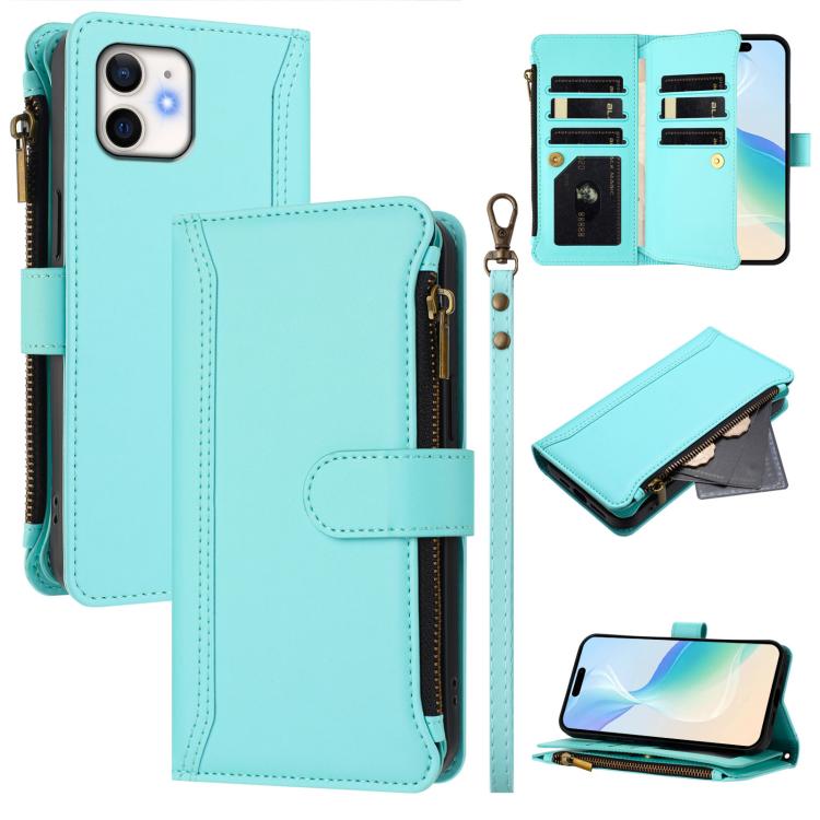Magnetic Closure 9 Card Slots Zipper Leather Case with Hand Strap, For iPhone 13 mini, For iPhone 12 / 12 Pro, For iPhone 12 Pro Max, For iPhone 12 mini