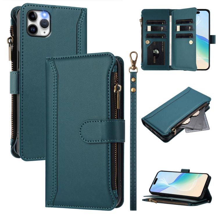 Magnetic Closure 9 Card Slots Zipper Leather Case with Hand Strap, For iPhone 11 Pro Max, For iPhone 11, For iPhone 11 Pro, For iPhone XS / X