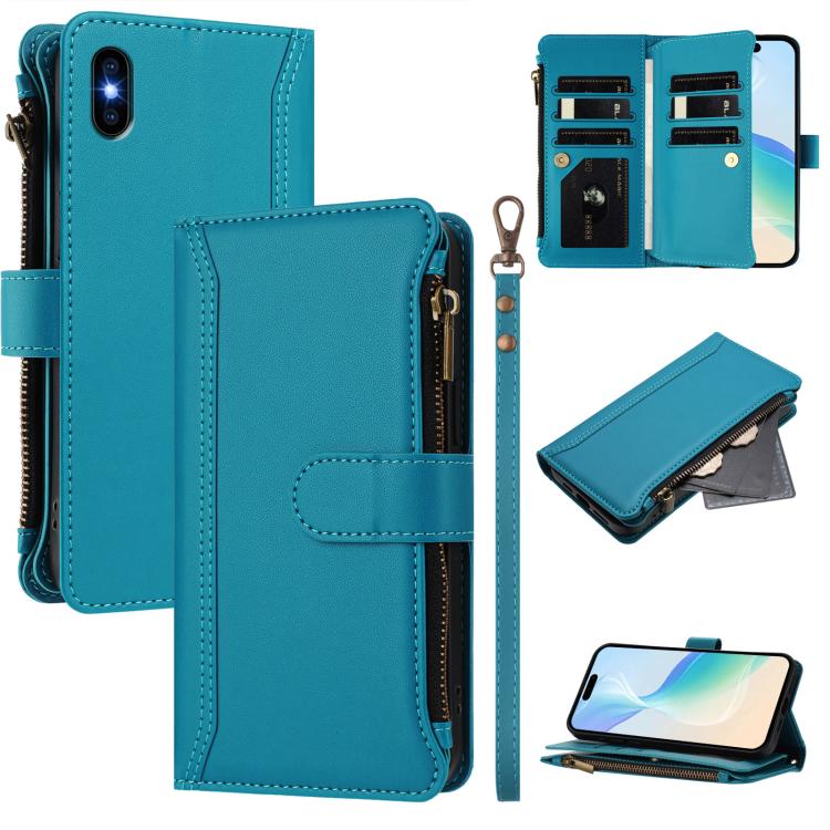Magnetic Closure 9 Card Slots Zipper Leather Case with Hand Strap, For iPhone XR, For iPhone XS Max, For iPhone 8 Plus / 7 Plus