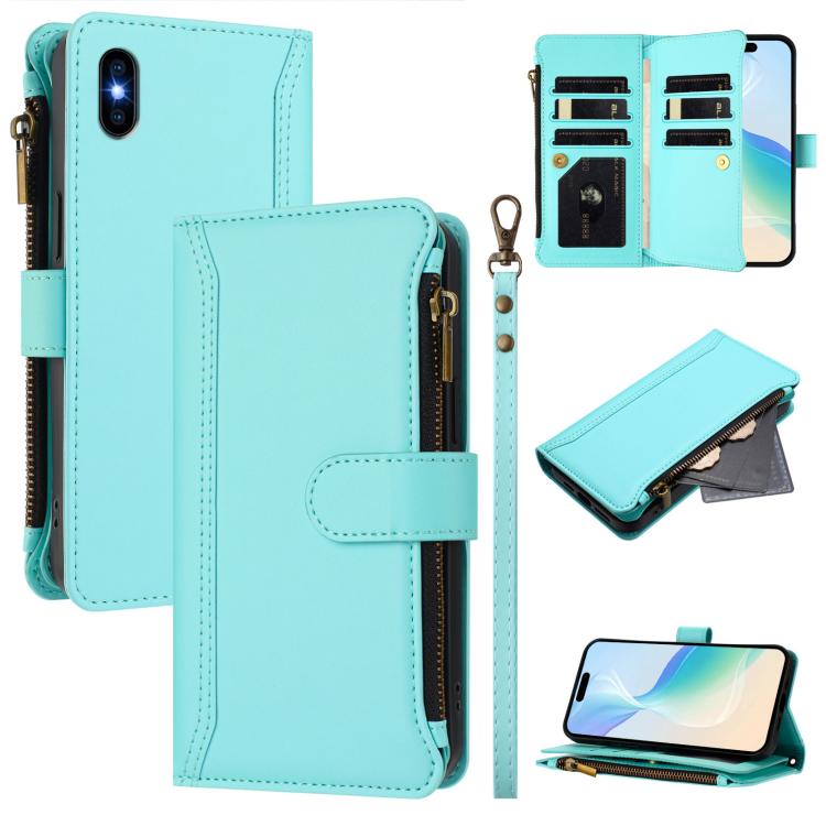 Magnetic Closure 9 Card Slots Zipper Leather Case with Hand Strap, For iPhone XR, For iPhone XS Max, For iPhone 8 Plus / 7 Plus