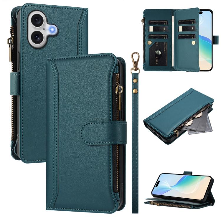 Magnetic Closure 9 Card Slots Zipper Leather Case with Hand Strap, For iPhone 17e / 16e, For iPhone 17 Pro Max, For iPhone 17 Pro, For iPhone 17