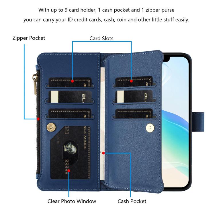 Magnetic Closure 9 Card Slots Zipper Leather Case with Hand Strap, For iPhone Air, For iPhone 16 Pro Max, For iPhone 16 Pro, For iPhone 16 Plus