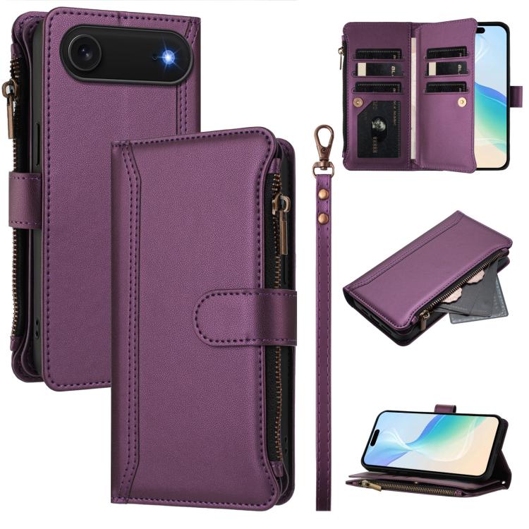 Magnetic Closure 9 Card Slots Zipper Leather Case with Hand Strap, For iPhone Air, For iPhone 16 Pro Max, For iPhone 16 Pro, For iPhone 16 Plus