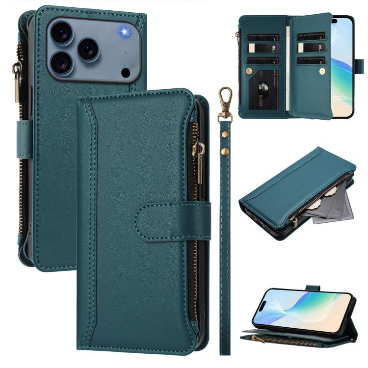Magnetic Closure 9 Card Slots Zipper Leather Case with Hand Strap, For iPhone 17e / 16e, For iPhone 17 Pro Max, For iPhone 17 Pro, For iPhone 17