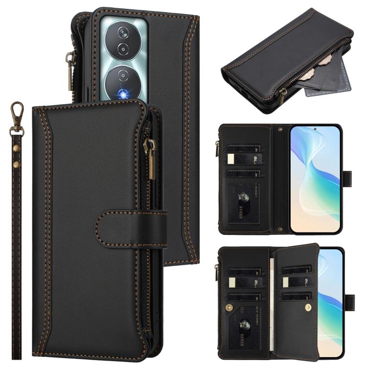 Magnetic Closure 9 Card Slots Zipper Leather Case with Hand Strap, For Honor 90 Smart 5G Global, For Honor Magic6 Pro 5G Global, For Honor Magic6 5G Global, For Honor X8b 4G Global