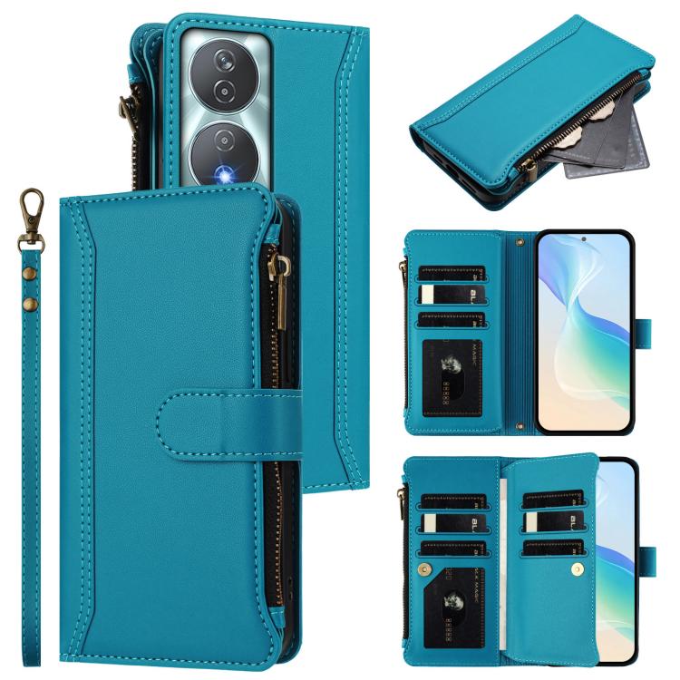 Magnetic Closure 9 Card Slots Zipper Leather Case with Hand Strap, For Honor 90 Smart 5G Global, For Honor Magic6 Pro 5G Global, For Honor Magic6 5G Global, For Honor X8b 4G Global