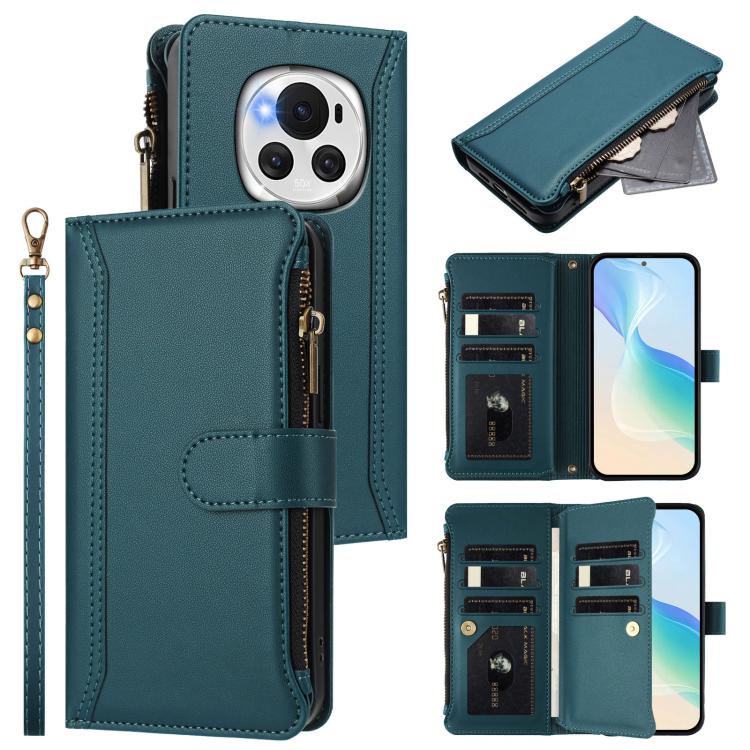 Magnetic Closure 9 Card Slots Zipper Leather Case with Hand Strap, For Honor 90 Smart 5G Global, For Honor Magic6 Pro 5G Global, For Honor Magic6 5G Global, For Honor X8b 4G Global