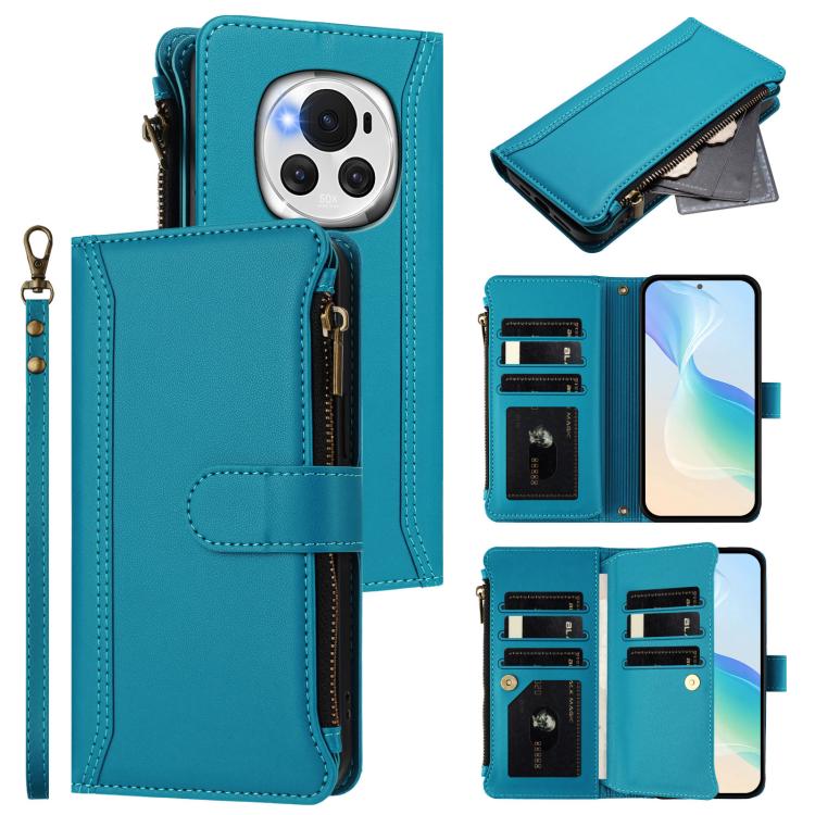 Magnetic Closure 9 Card Slots Zipper Leather Case with Hand Strap, For Honor 90 Smart 5G Global, For Honor Magic6 Pro 5G Global, For Honor Magic6 5G Global, For Honor X8b 4G Global