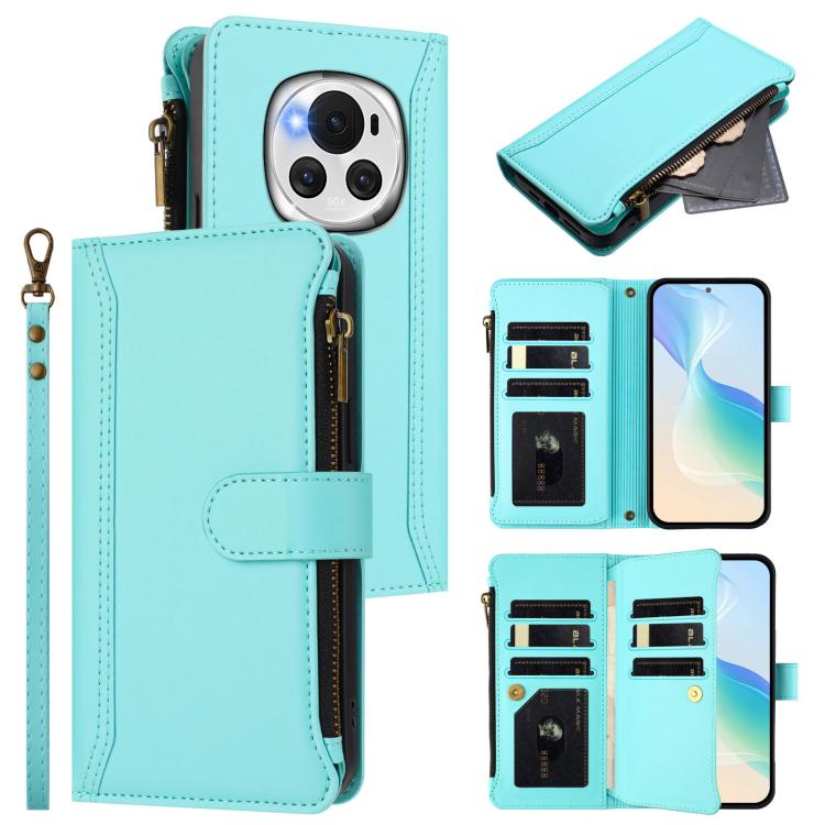 Magnetic Closure 9 Card Slots Zipper Leather Case with Hand Strap, For Honor 90 Smart 5G Global, For Honor Magic6 Pro 5G Global, For Honor Magic6 5G Global, For Honor X8b 4G Global
