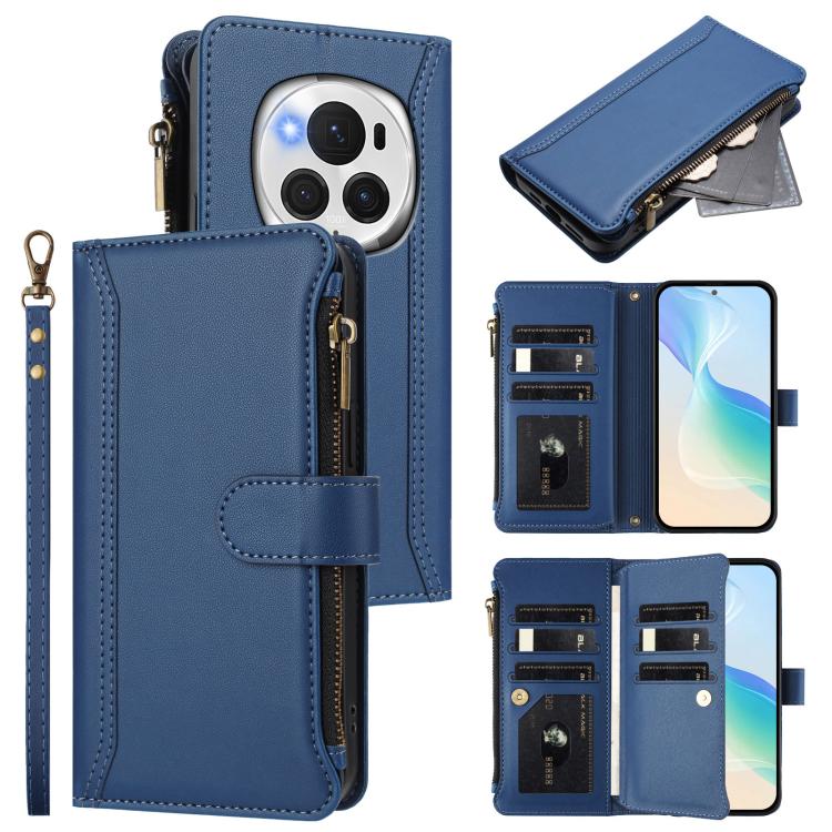 Magnetic Closure 9 Card Slots Zipper Leather Case with Hand Strap, For Honor 90 Smart 5G Global, For Honor Magic6 Pro 5G Global, For Honor Magic6 5G Global, For Honor X8b 4G Global