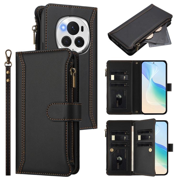 Magnetic Closure 9 Card Slots Zipper Leather Case with Hand Strap, For Honor 90 Smart 5G Global, For Honor Magic6 Pro 5G Global, For Honor Magic6 5G Global, For Honor X8b 4G Global