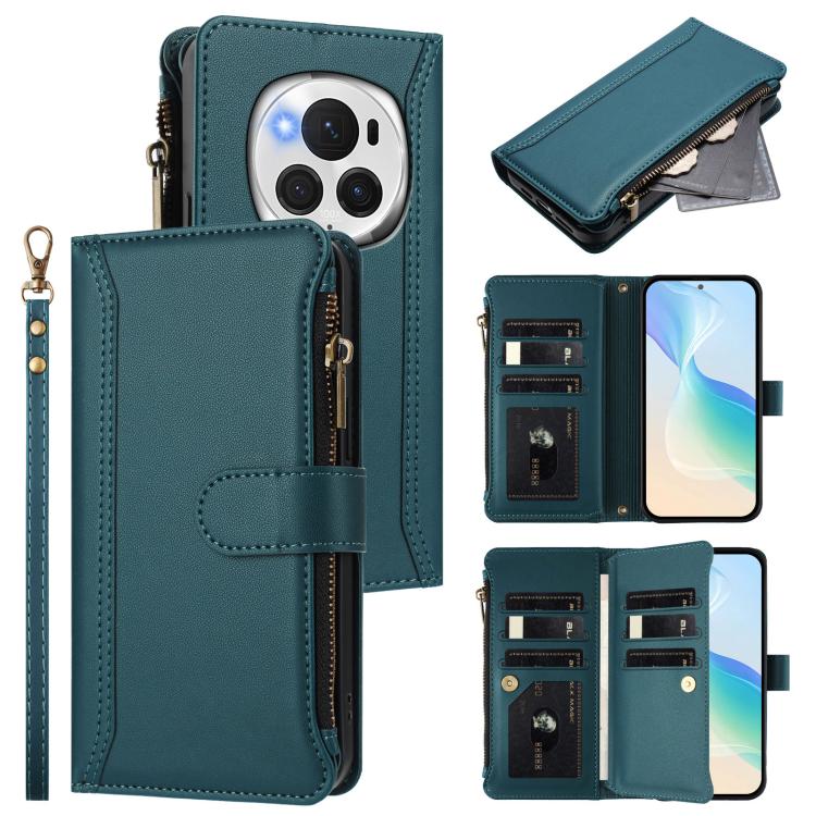 Magnetic Closure 9 Card Slots Zipper Leather Case with Hand Strap, For Honor 90 Smart 5G Global, For Honor Magic6 Pro 5G Global, For Honor Magic6 5G Global, For Honor X8b 4G Global