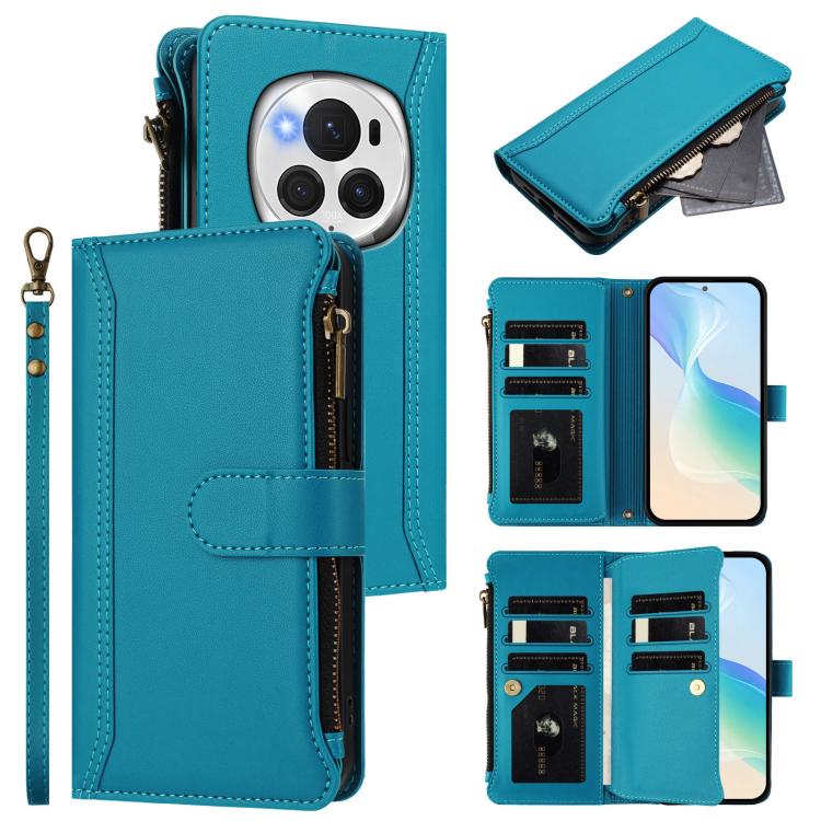 Magnetic Closure 9 Card Slots Zipper Leather Case with Hand Strap, For Honor 90 Smart 5G Global, For Honor Magic6 Pro 5G Global, For Honor Magic6 5G Global, For Honor X8b 4G Global