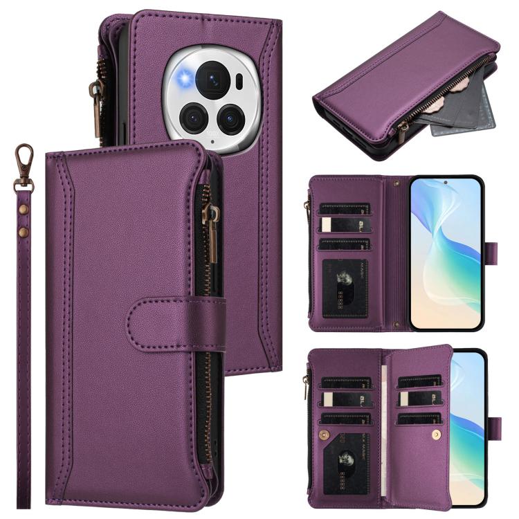 Magnetic Closure 9 Card Slots Zipper Leather Case with Hand Strap, For Honor 90 Smart 5G Global, For Honor Magic6 Pro 5G Global, For Honor Magic6 5G Global, For Honor X8b 4G Global