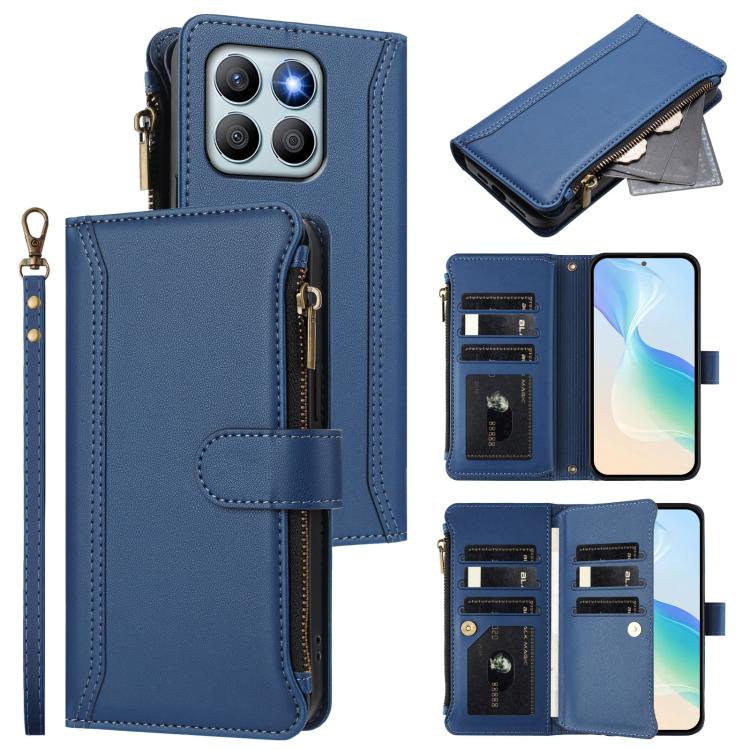 Magnetic Closure 9 Card Slots Zipper Leather Case with Hand Strap, For Honor 90 Smart 5G Global, For Honor Magic6 Pro 5G Global, For Honor Magic6 5G Global, For Honor X8b 4G Global