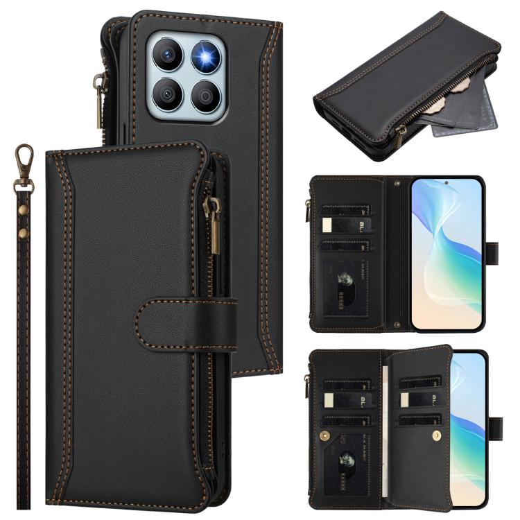 Magnetic Closure 9 Card Slots Zipper Leather Case with Hand Strap, For Honor 90 Smart 5G Global, For Honor Magic6 Pro 5G Global, For Honor Magic6 5G Global, For Honor X8b 4G Global