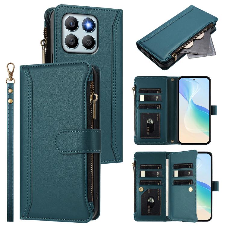 Magnetic Closure 9 Card Slots Zipper Leather Case with Hand Strap, For Honor 90 Smart 5G Global, For Honor Magic6 Pro 5G Global, For Honor Magic6 5G Global, For Honor X8b 4G Global