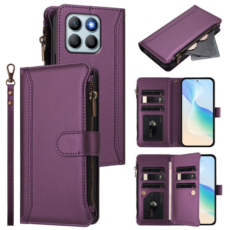 Magnetic Closure 9 Card Slots Zipper Leather Case with Hand Strap, For Honor 90 Smart 5G Global, For Honor Magic6 Pro 5G Global, For Honor Magic6 5G Global, For Honor X8b 4G Global