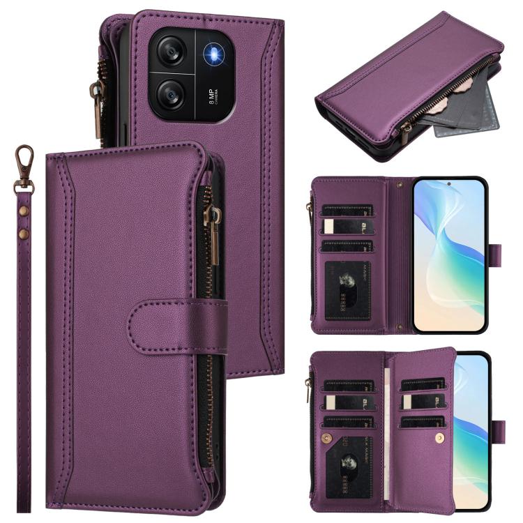 Magnetic Closure 9 Card Slots Zipper Leather Case with Hand Strap, For Blackview Oscal Flat 1C, For Blackview Wave 6C, For Blackview Shark 8 / Oscal Tiger 12, For Blackview A52 / A52 Pro