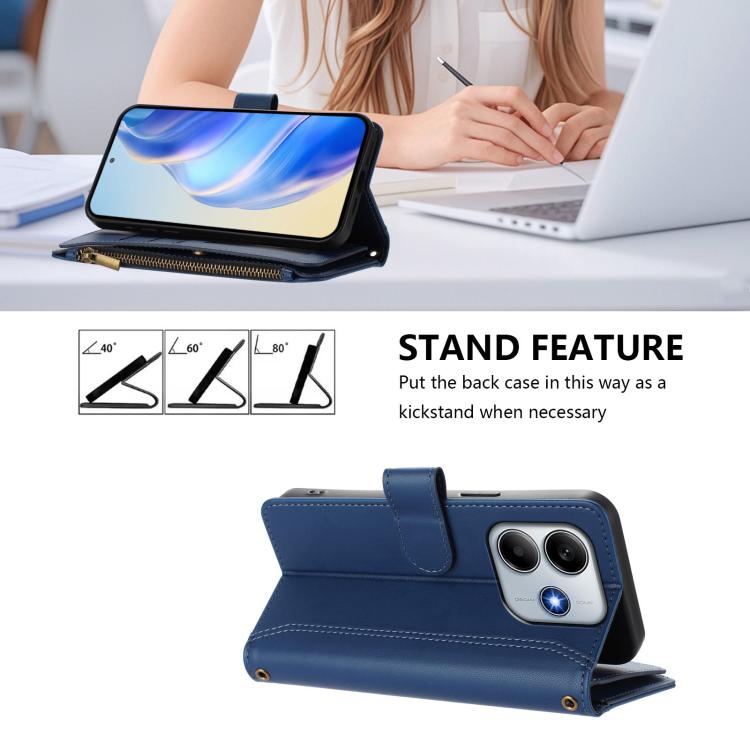 Magnetic Closure 9 Card Slots Zipper Leather Case with Hand Strap, For Redmi A5 4G 173.3mm, For Redmi Note 14 4G 164.84mm, For Redmi Note 14 Pro 5G, For Redmi Note 14 5G / Poco M7 Pro 5G