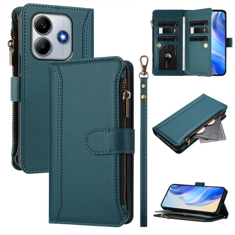 Magnetic Closure 9 Card Slots Zipper Leather Case with Hand Strap, For Redmi A5 4G 173.3mm, For Redmi Note 14 4G 164.84mm, For Redmi Note 14 Pro 5G, For Redmi Note 14 5G / Poco M7 Pro 5G