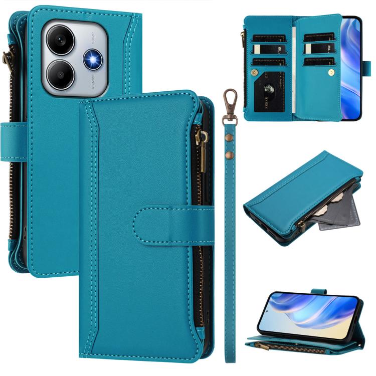 Magnetic Closure 9 Card Slots Zipper Leather Case with Hand Strap, For Redmi A5 4G 173.3mm, For Redmi Note 14 4G 164.84mm, For Redmi Note 14 Pro 5G, For Redmi Note 14 5G / Poco M7 Pro 5G
