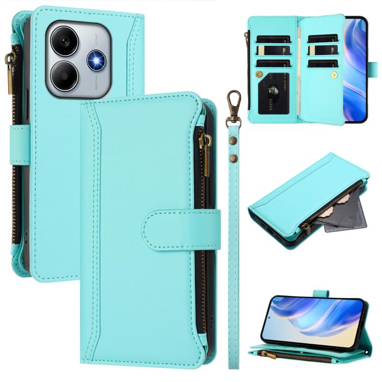 Magnetic Closure 9 Card Slots Zipper Leather Case with Hand Strap, For Redmi A5 4G 173.3mm, For Redmi Note 14 4G 164.84mm, For Redmi Note 14 Pro 5G, For Redmi Note 14 5G / Poco M7 Pro 5G