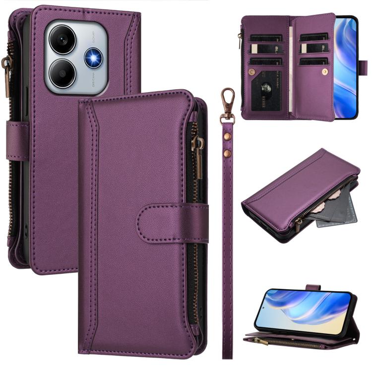 Magnetic Closure 9 Card Slots Zipper Leather Case with Hand Strap, For Redmi A5 4G 173.3mm, For Redmi Note 14 4G 164.84mm, For Redmi Note 14 Pro 5G, For Redmi Note 14 5G / Poco M7 Pro 5G