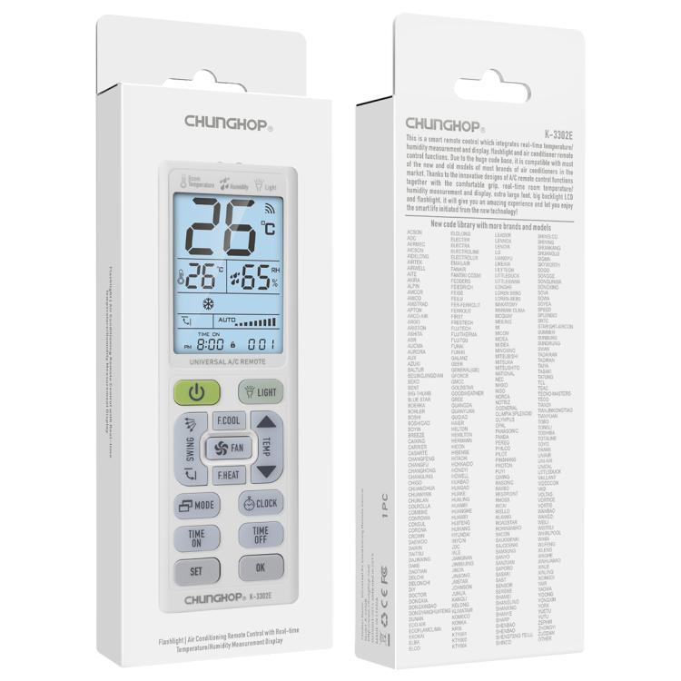 CHUNGHOP K-3302E Universal Air Conditioner Remote Control with Torch and LCD backlight, K-3302E