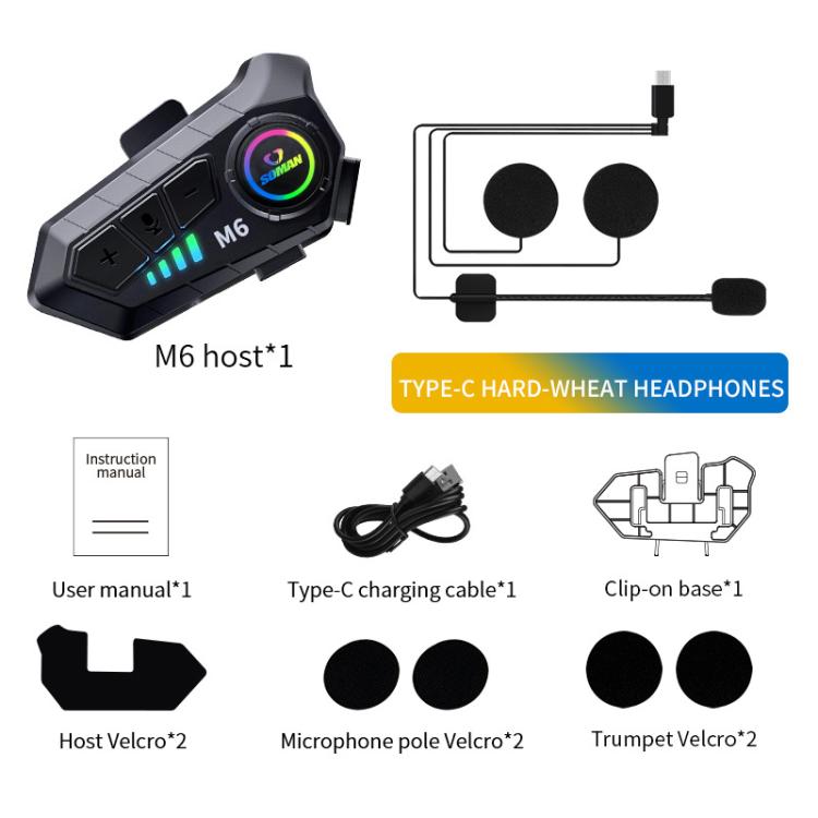SOMAN Motorcycle Helmet Bluetooth Headset Stereo Voice Microphone, Style:M6-Hard Mic