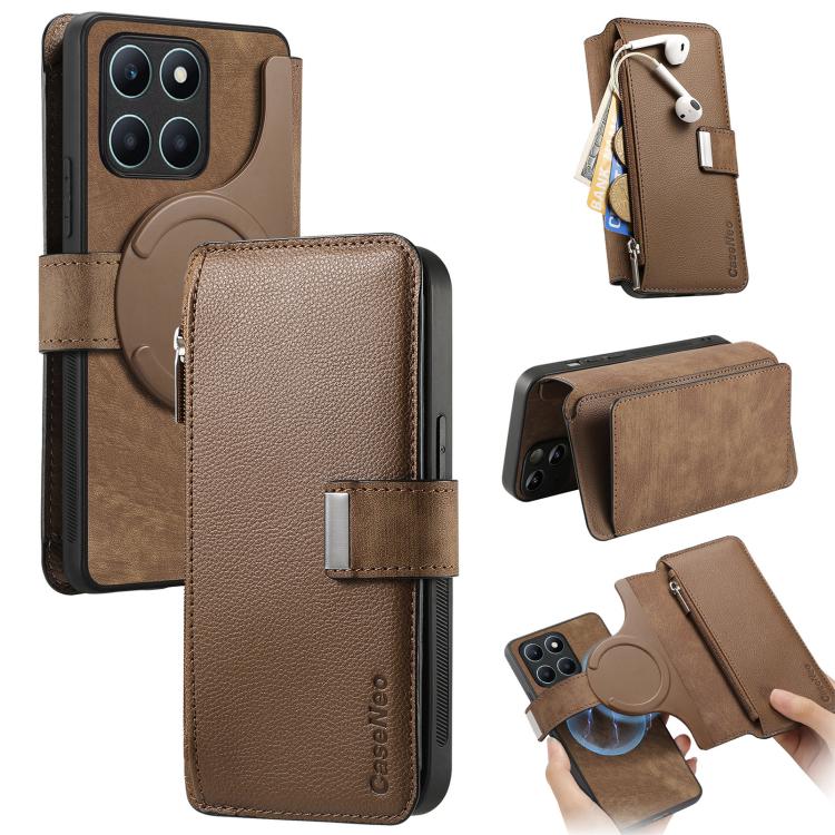 For Honor X6a CaseNeo MagSafe RFID Anti-theft Zipper Wallet Retro Leather Phone Case(Brown)