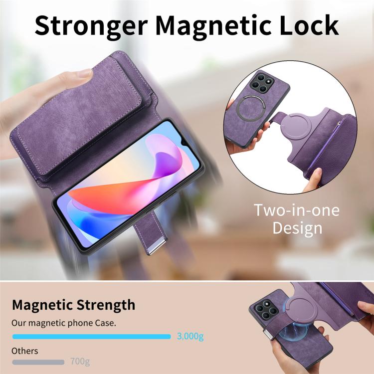 For Honor X6a CaseNeo MagSafe RFID Anti-theft Zipper Wallet Retro Leather Phone Case(Purple)