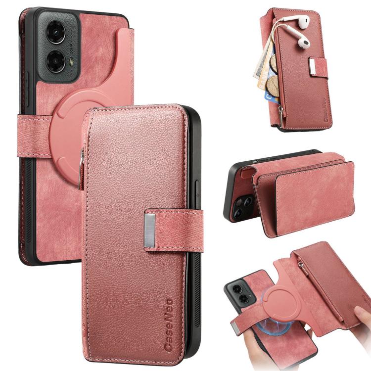 For Motorola Moto G 2024 5G CaseNeo MagSafe RFID Anti-theft Zipper Wallet Retro Leather Phone Case(Pink)