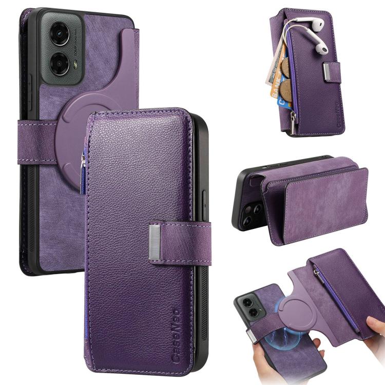 For Motorola Moto G 2024 5G CaseNeo MagSafe RFID Anti-theft Zipper Wallet Retro Leather Phone Case(Purple)