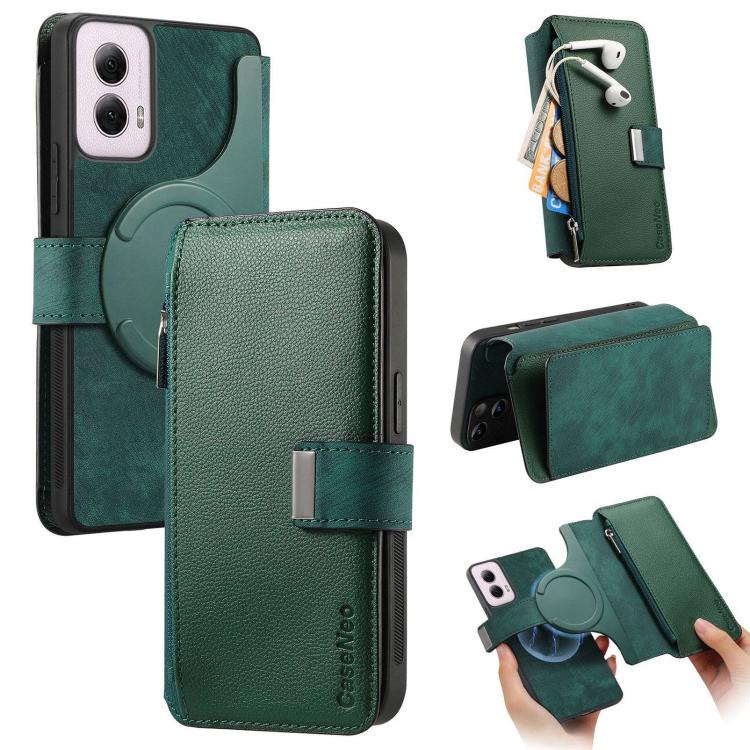 For Motorola Moto G Power 2024 CaseNeo MagSafe RFID Anti-theft Zipper Wallet Retro Leather Phone Case(Green)