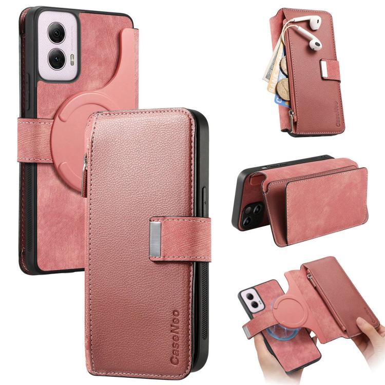 For Motorola Moto G Power 2024 CaseNeo MagSafe RFID Anti-theft Zipper Wallet Retro Leather Phone Case(Pink)