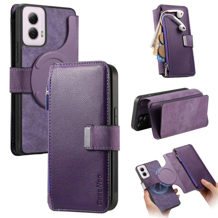 For Motorola Moto G Power 2024 CaseNeo MagSafe RFID Anti-theft Zipper Wallet Retro Leather Phone Case(Purple)
