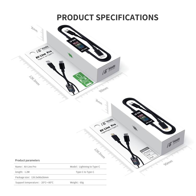 18 Kinds AV-Line Pro 1.2m Intelligent Detection Charging Data Cable, Type-C to  8 Pin, Type-C to Type-C