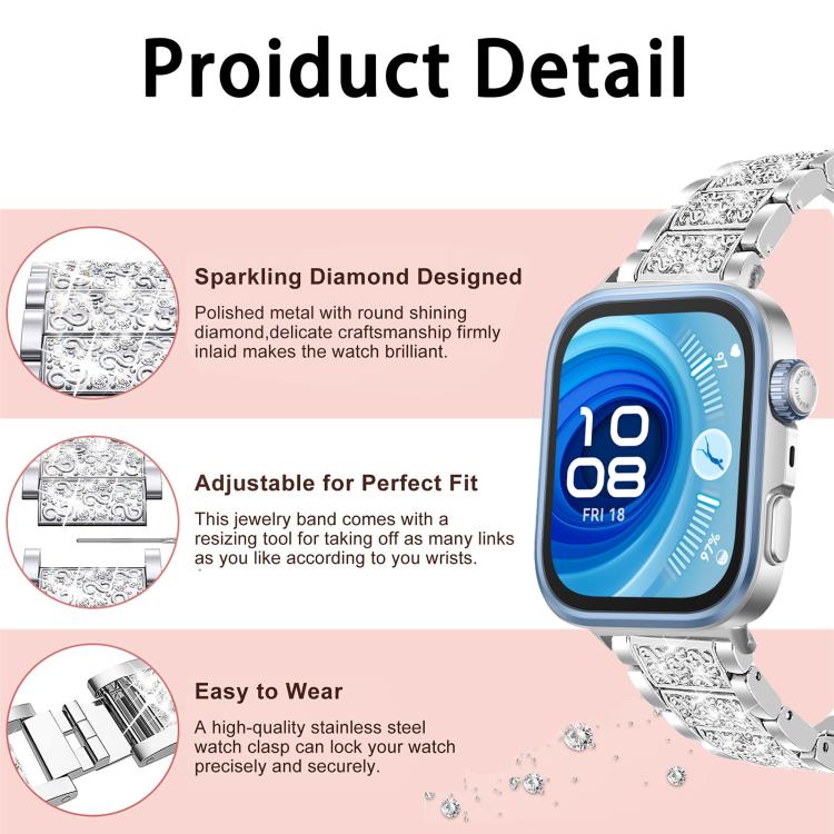 xDfind Diamond Jewelry Stainless Steel Watch Band, For Huawei Watch Fit 4 Pro / Fit 4 / Fit 3 20mm, For Huawei Band 10 / 9 / 8 14mm