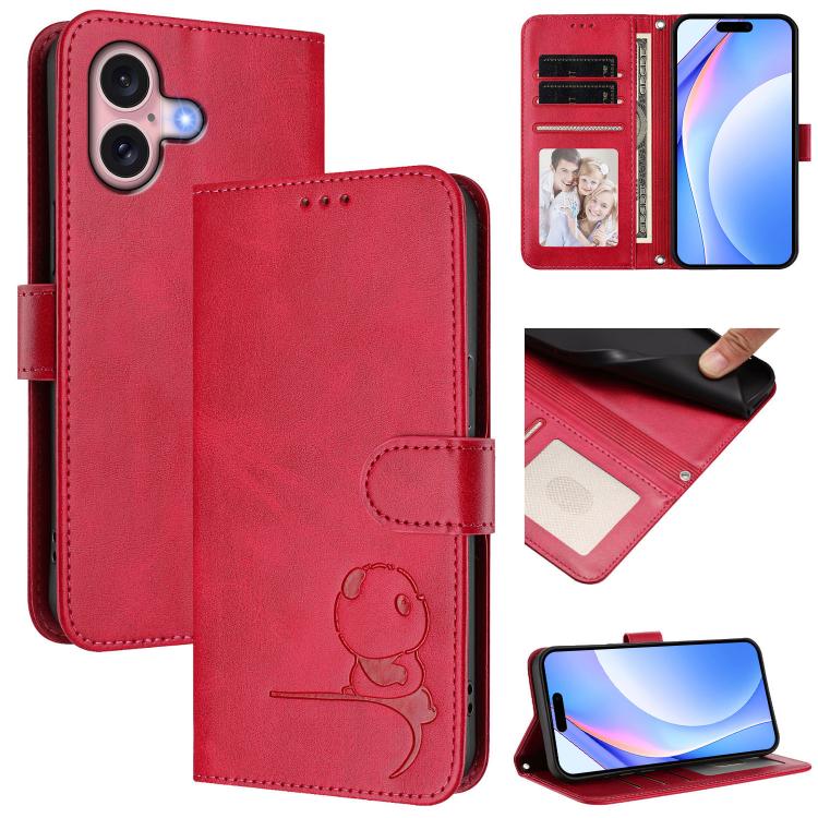 Litter Panda Embossing RFID Leather Phone Case with Lanyard, For iPhone 16, For iPhone 15 Pro Max, For iPhone 15 Pro, For iPhone 15 Plus