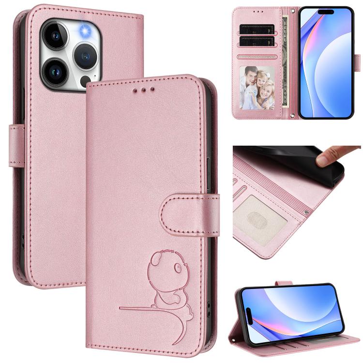 Litter Panda Embossing RFID Leather Phone Case with Lanyard, For iPhone 16, For iPhone 15 Pro Max, For iPhone 15 Pro, For iPhone 15 Plus