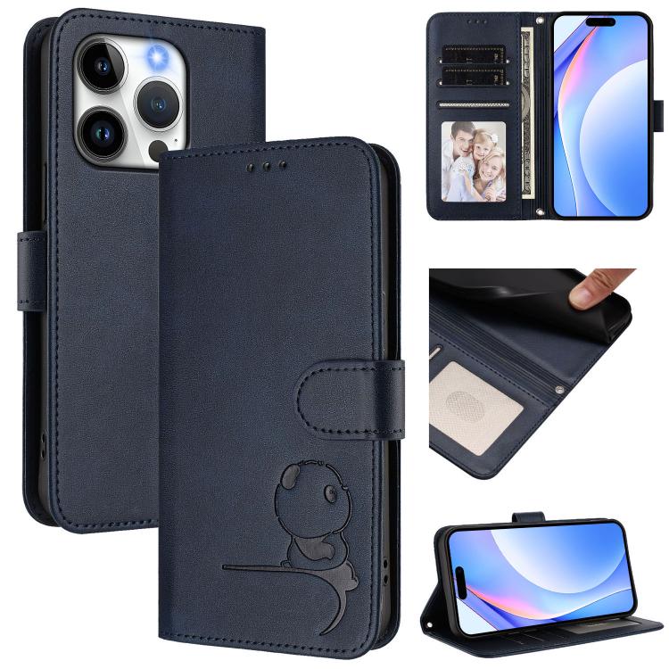 Litter Panda Embossing RFID Leather Phone Case with Lanyard, For iPhone 16, For iPhone 15 Pro Max, For iPhone 15 Pro, For iPhone 15 Plus